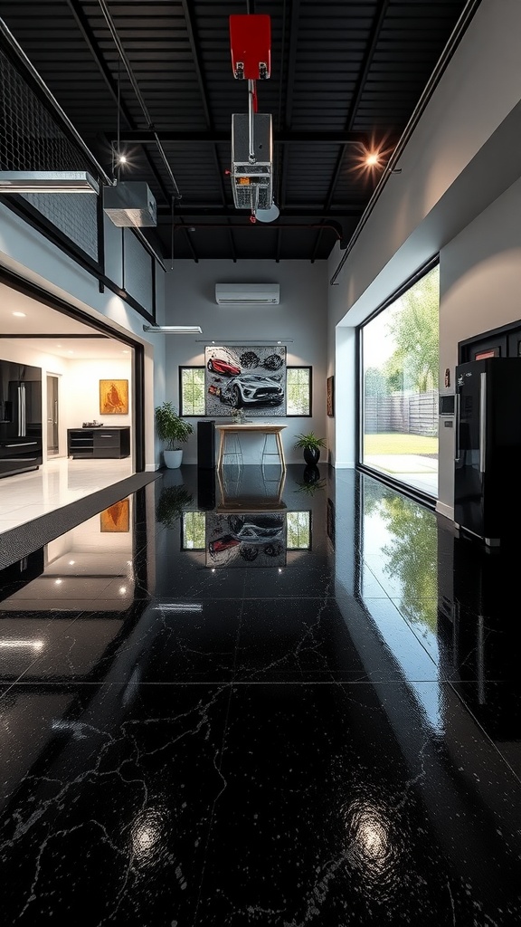A modern garage featuring a sleek black epoxy floor that reflects light, creating a seamless transition between indoor and outdoor areas.