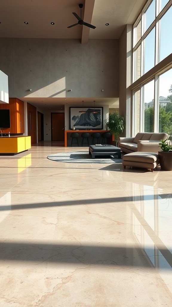 Interior view of a modern living space with polished concrete floors and large windows.