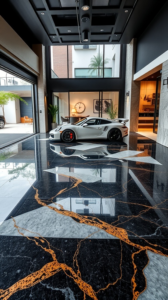A luxurious indoor space featuring a white sports car on a marble epoxy floor with intricate patterns.