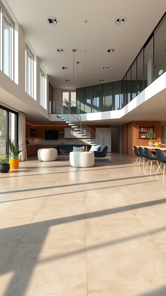 Modern interior with polished concrete flooring connecting different areas of the home