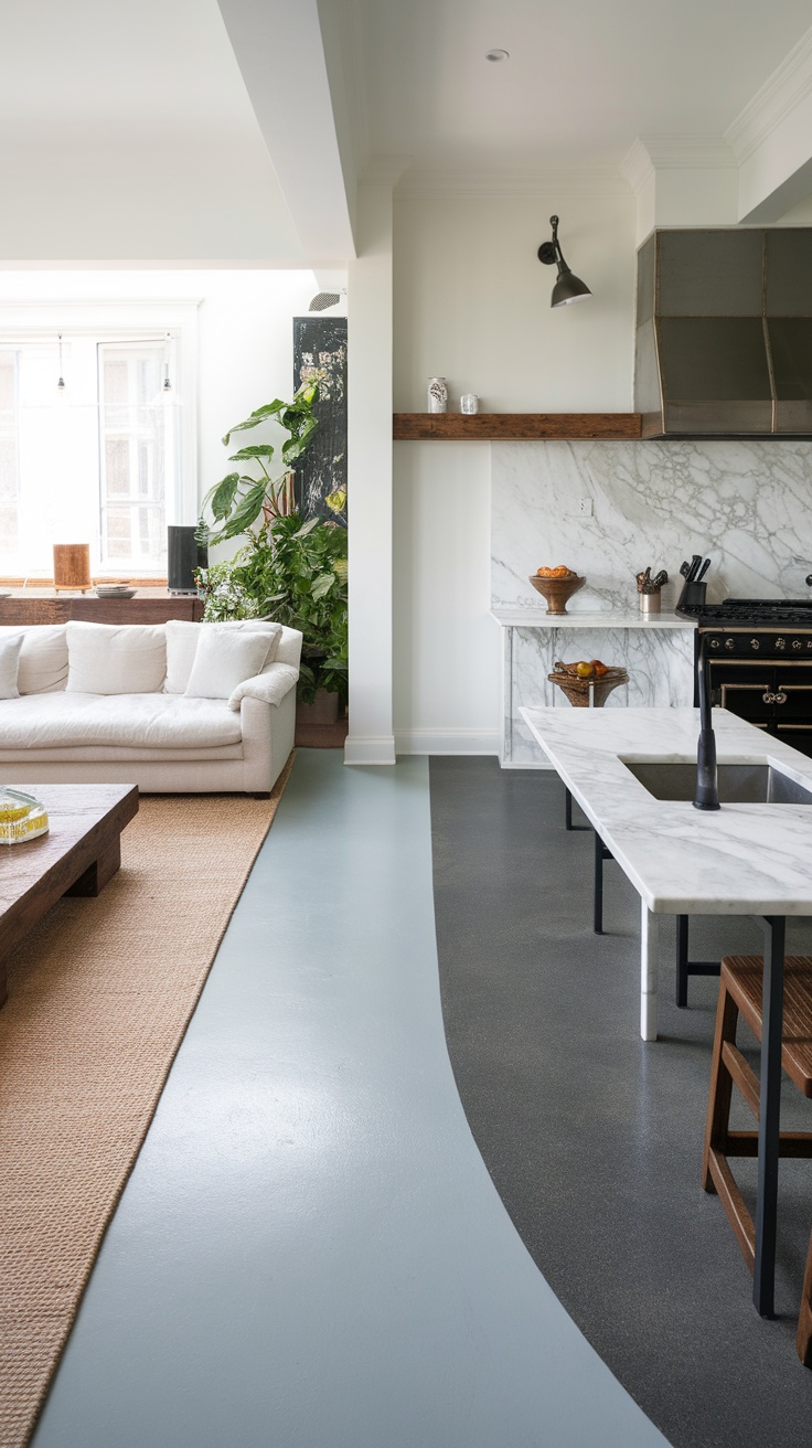 A modern interior showing seamless transitions in epoxy flooring, featuring a light gray and darker floor with a cozy seating area and kitchen.