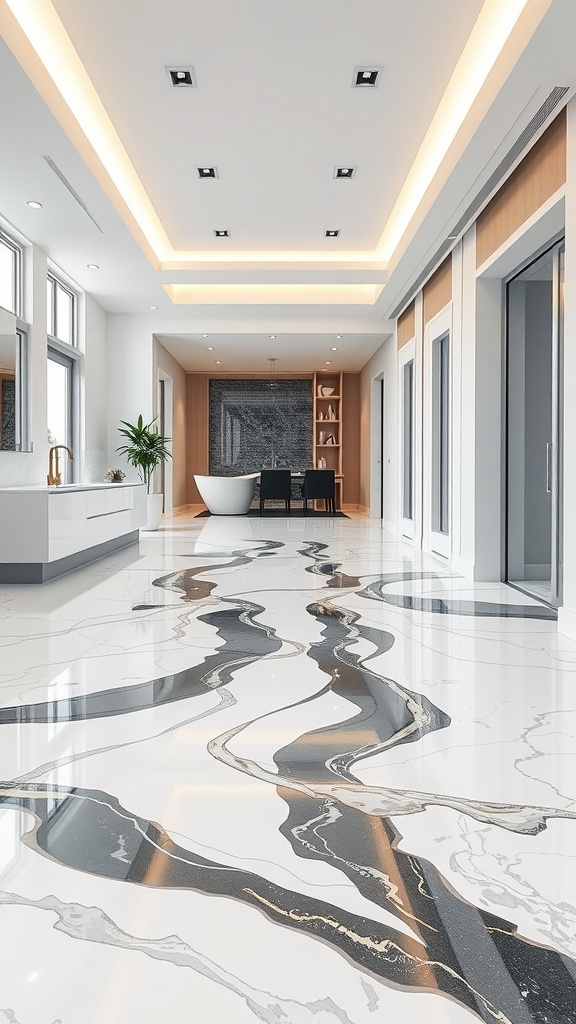 A modern interior with a white epoxy floor featuring marble-like patterns, showcasing seamless transitions between spaces.
