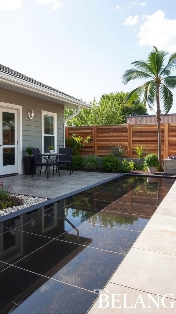 A stylish garage featuring a polished epoxy floor and a car parked inside.