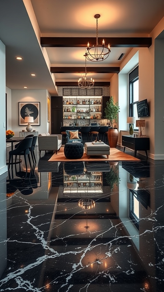 A modern living space with a polished marble-style epoxy floor, showcasing a home bar area.