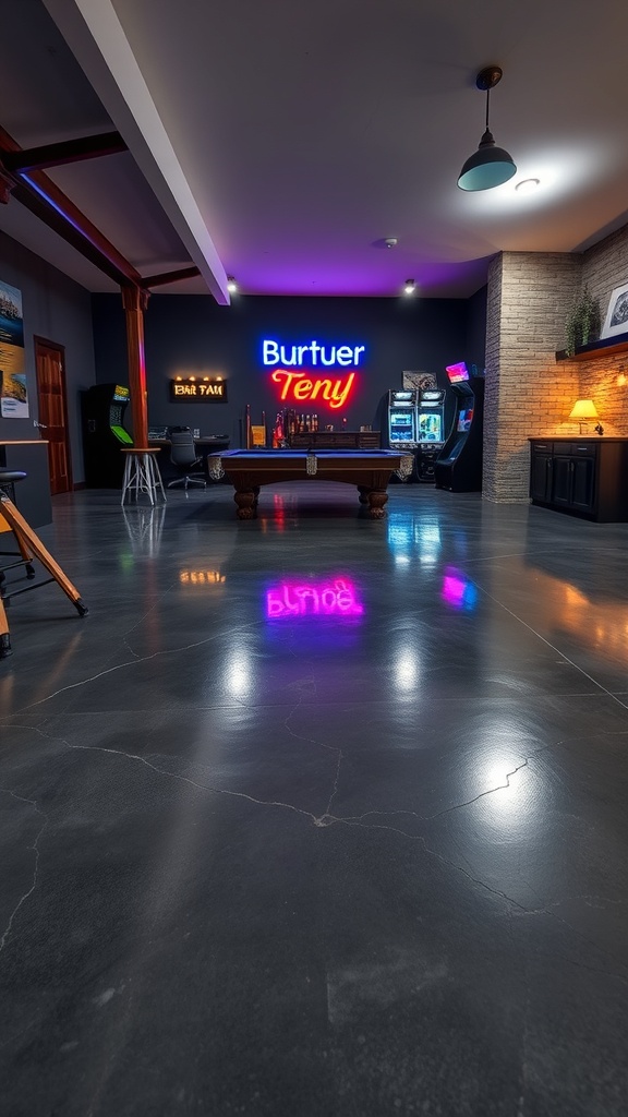 A stylish game room featuring a seamless metallic epoxy floor, showcasing vibrant lighting and a modern design.