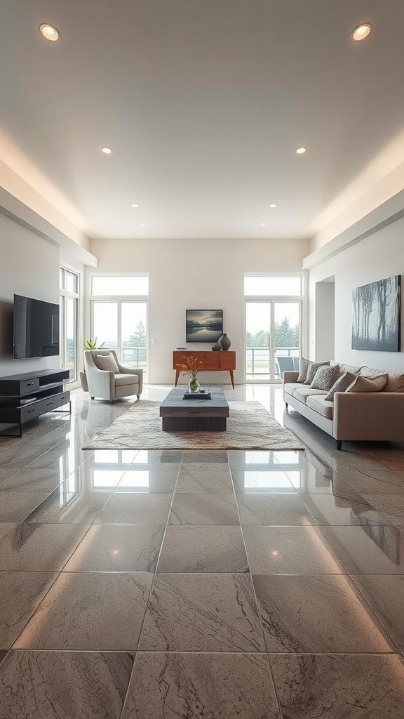 A modern living room with shiny epoxy floors reflecting light, large windows, and stylish furniture.