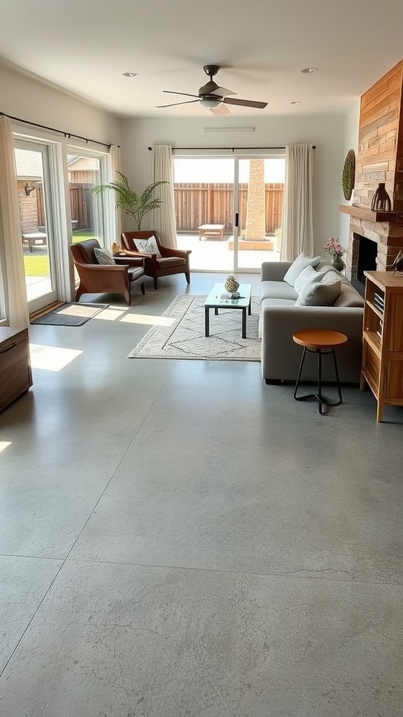 A modern living room with polished cement floors and large windows leading to an outdoor space.