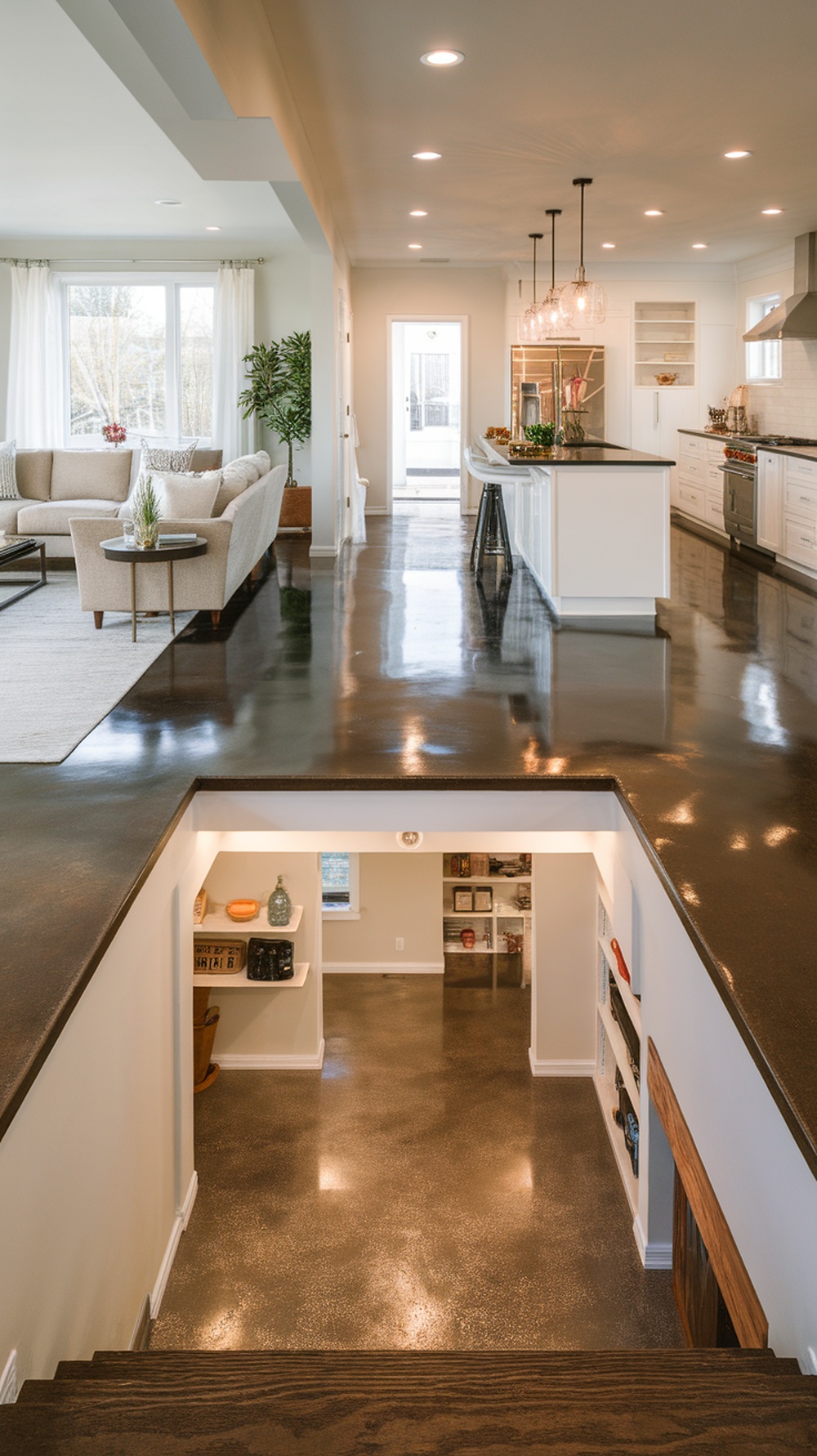 A modern home interior showcasing seamless transitions between a living room and kitchen with polished epoxy and stained concrete floors.