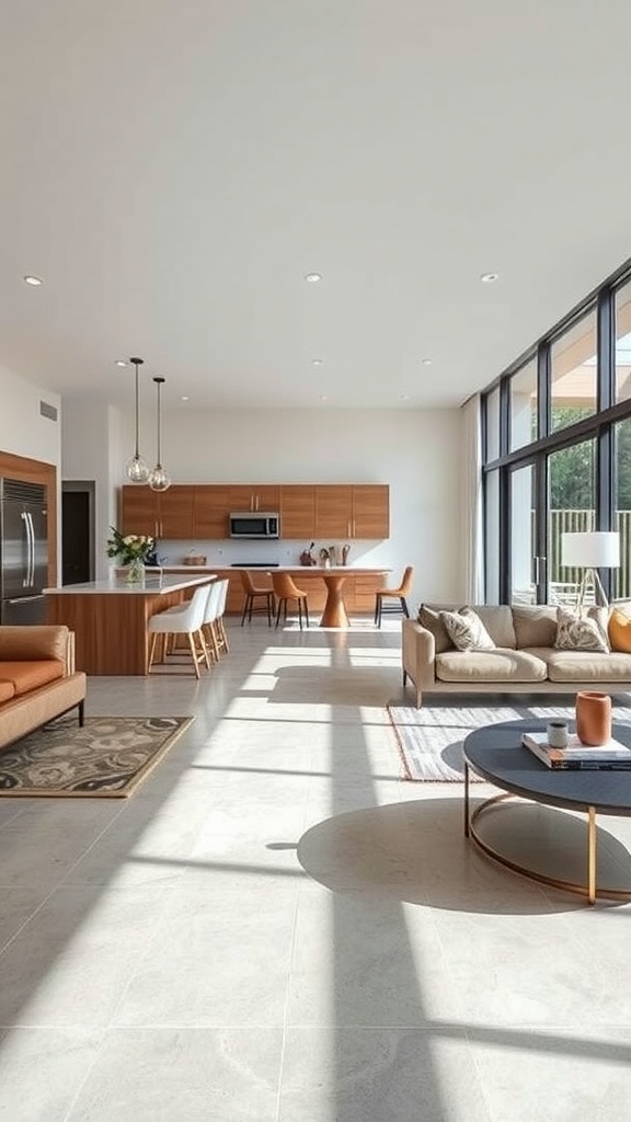 Modern open space featuring gray epoxy floors, large windows, and warm-colored furniture.