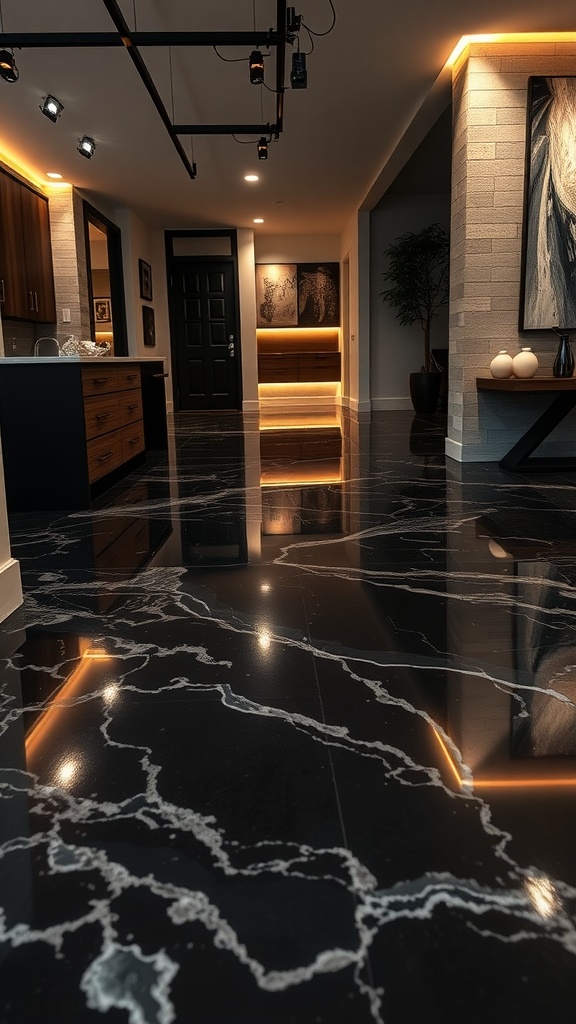 Modern black marble epoxy flooring in a stylish home interior.