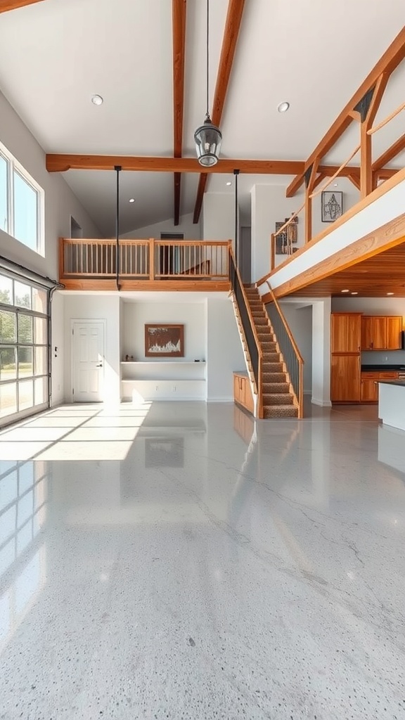 Bright open floor plan with polished epoxy flooring and wooden beams.