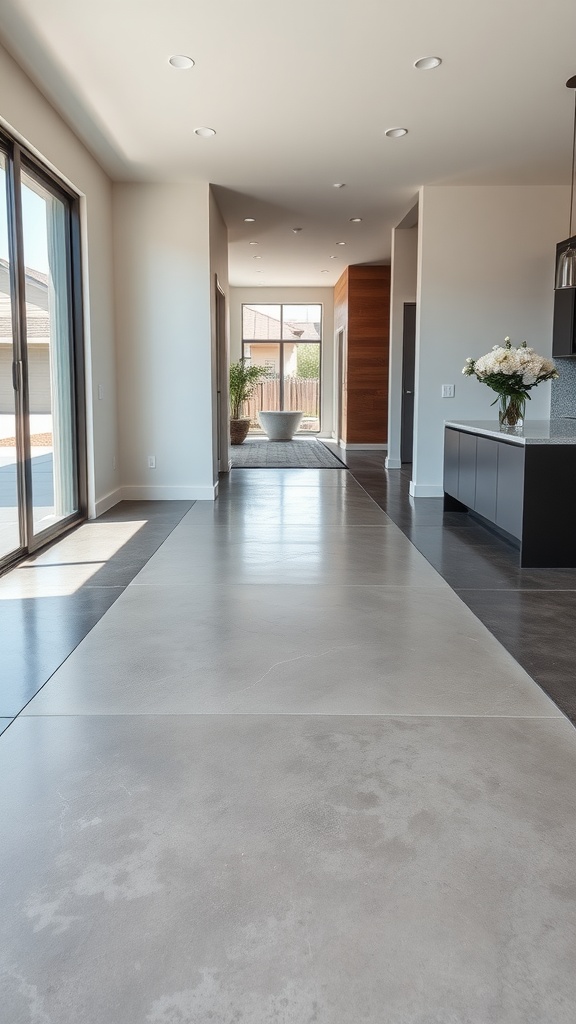 Interior view showcasing seamless epoxy flooring transition in a modern home