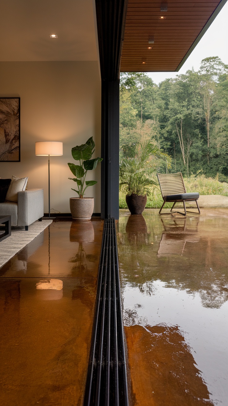 A stylish living area with stained concrete floor seamlessly connecting to an outdoor space, featuring greenery and modern furniture.