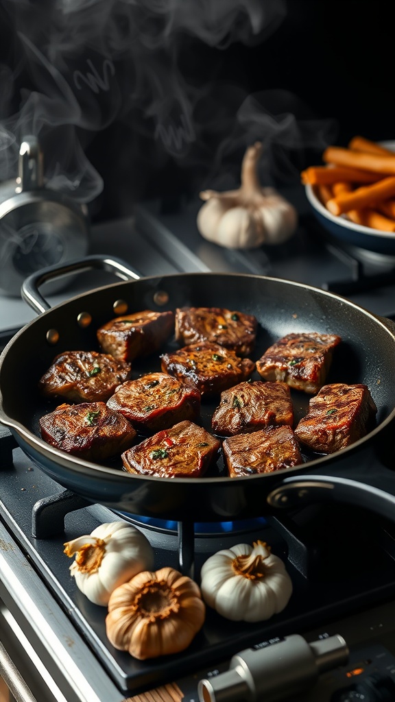 Delicious garlic butter steak bites with potatoes in a skillet
