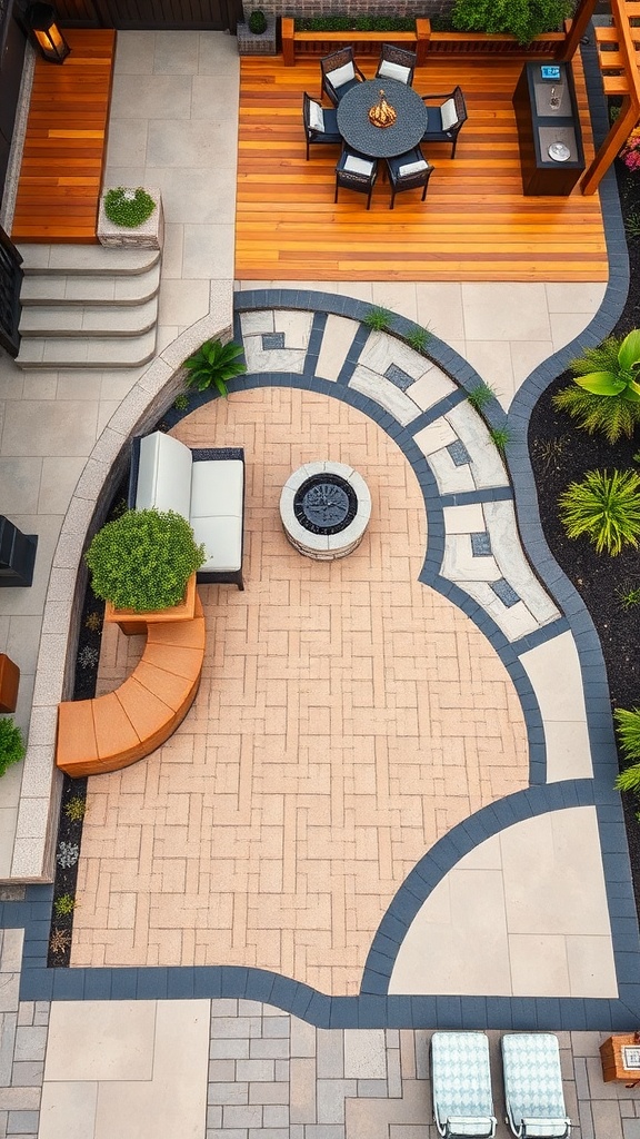Aerial view of a stamped concrete patio with a wooden deck, featuring a fire pit and seating area.