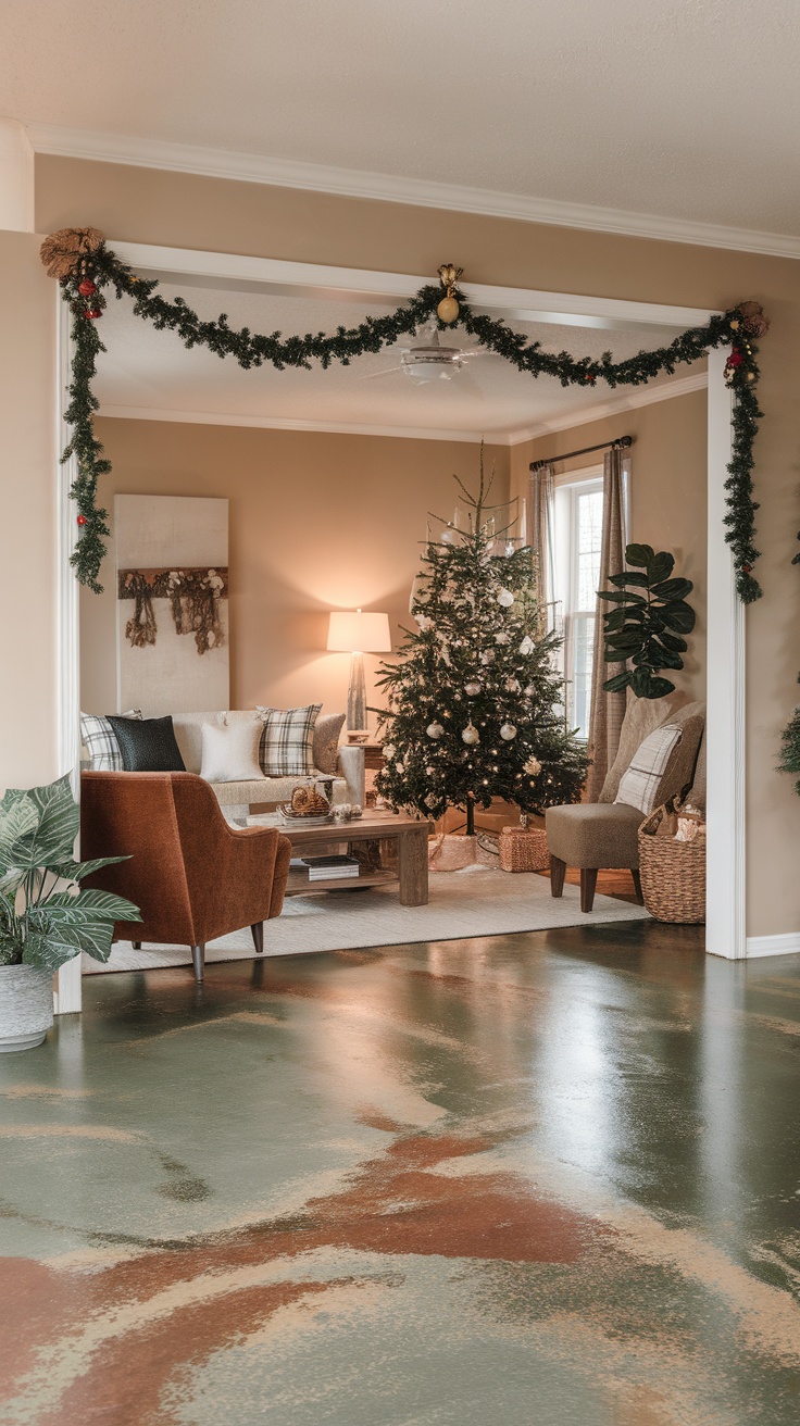 Cozy living room decorated for the holiday season with a Christmas tree and warm furnishings.