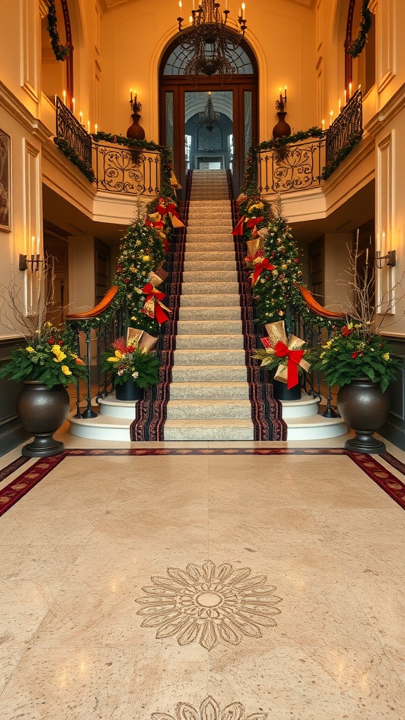 A grand staircase decorated for the holidays with stockings, candles, and a wreath.
