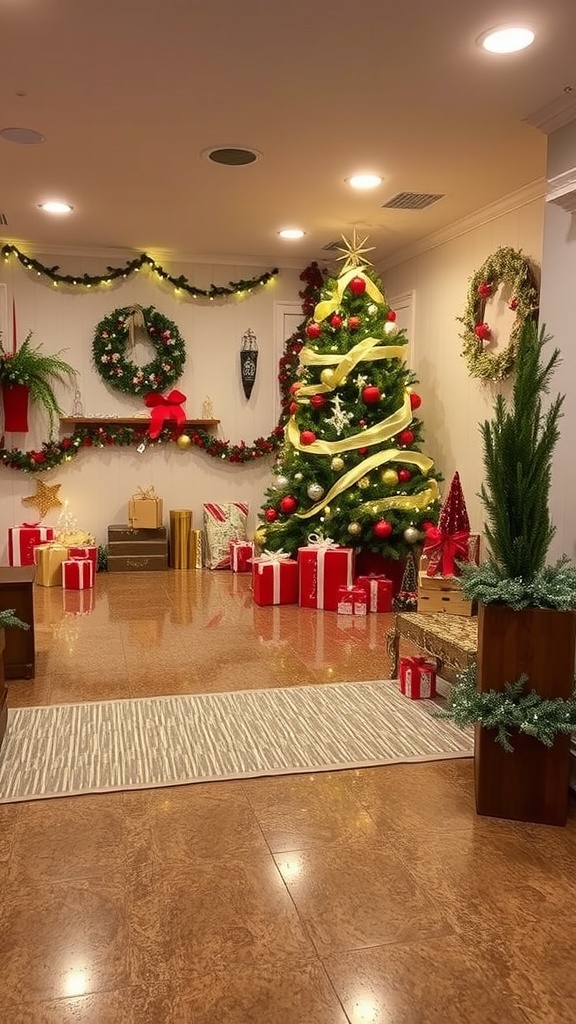 A festive game room basement with Christmas trees and neon lights reflecting on a seamless epoxy floor.