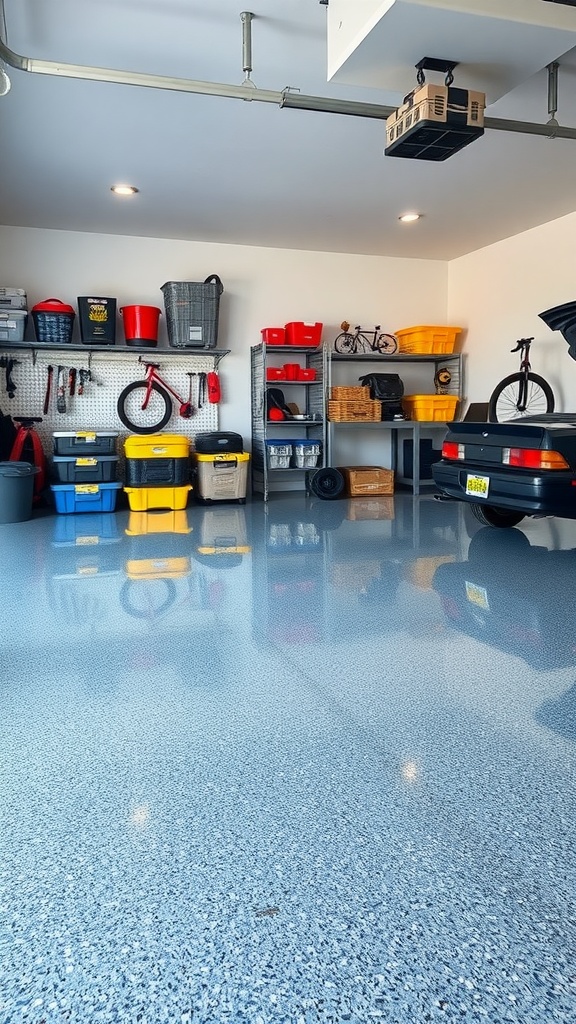 An organized garage with epoxy flooring, showcasing seasonal decor storage bins on shelves and a clean workspace.