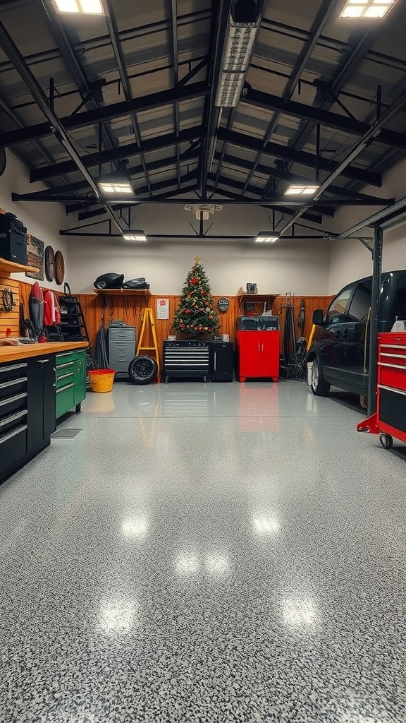 A spacious garage workshop decorated for the holidays with a Christmas tree and organized tools.