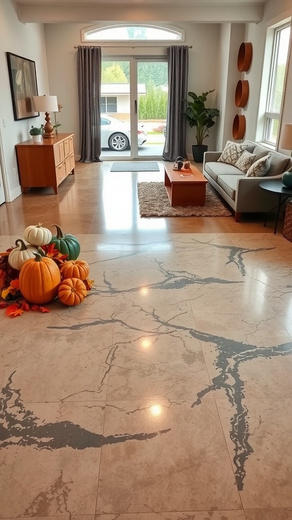 A modern living room with epoxy flooring featuring decorative pumpkins for a seasonal theme.