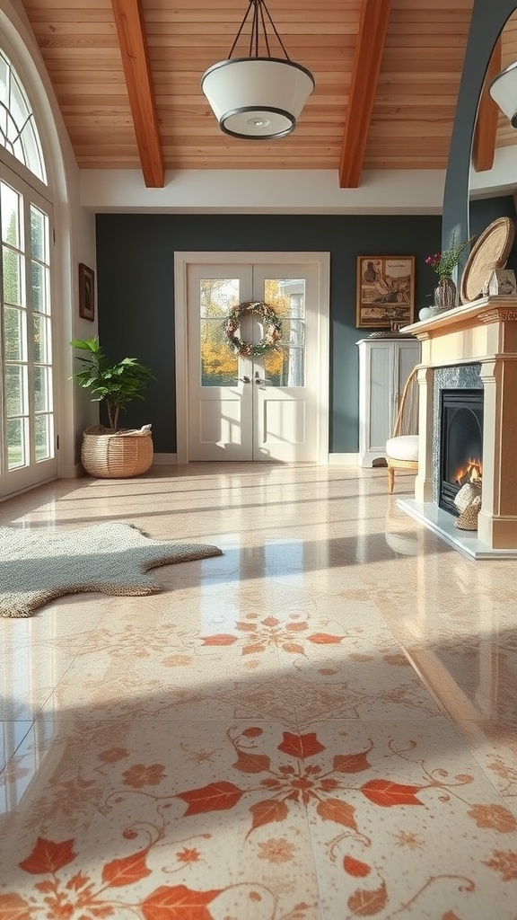 A modern living space with polished concrete floors and scattered autumn leaves.