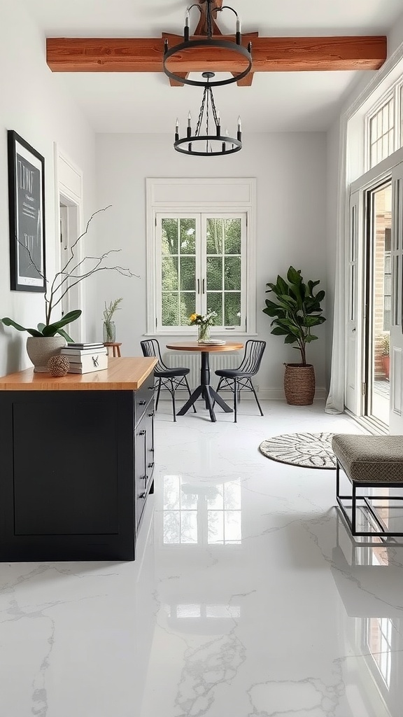 A beautiful interior featuring a mix of epoxy and stained concrete flooring, with autumn leaves scattered on the floor.