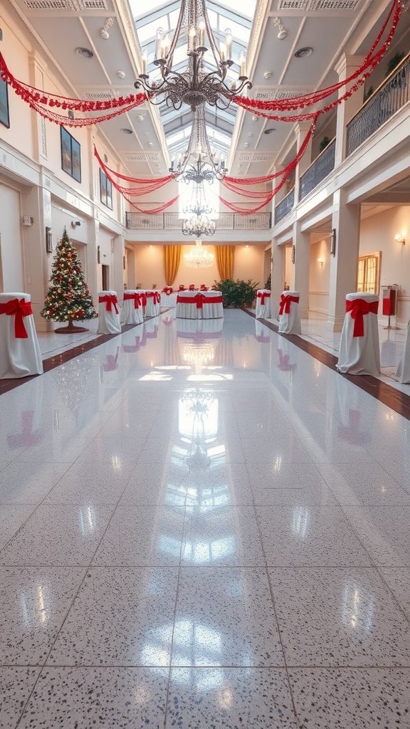 A beautifully decorated living room with a glossy, marble-like epoxy floor and autumn leaves scattered across.