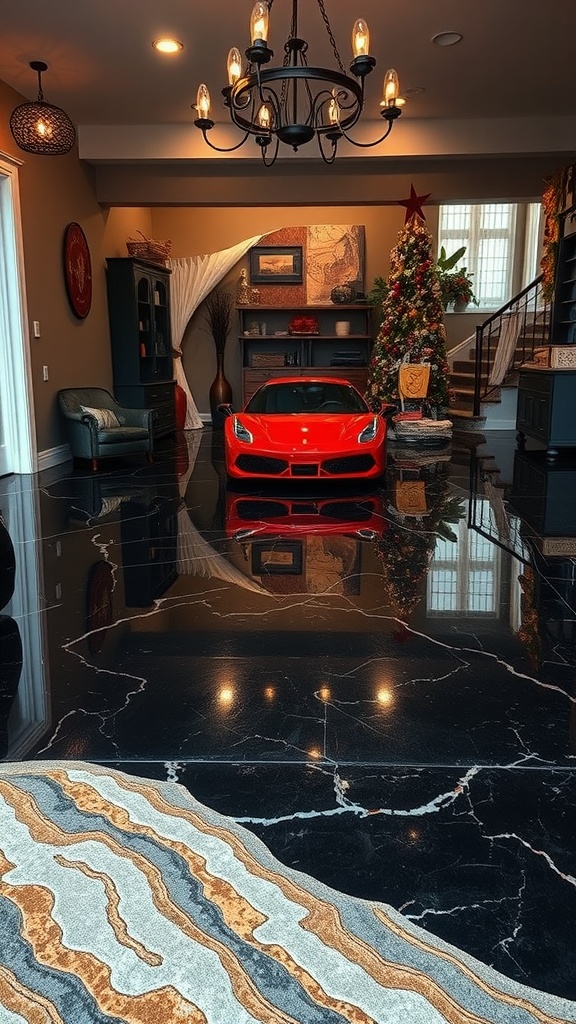 Interior featuring a black marble epoxy floor with a red sports car, decorated for the holidays.