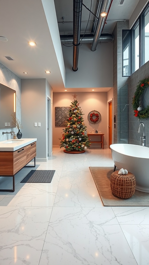 A modern bathroom featuring a marble epoxy floor, decorated with a Christmas tree and festive elements.