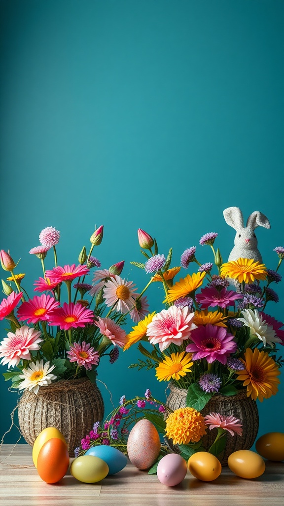 Colorful flower arrangements with Easter eggs and a bunny decoration