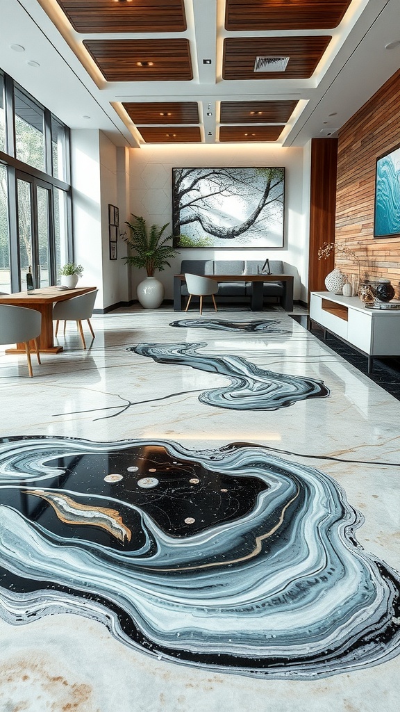 A modern room featuring an elegant marble-inspired epoxy floor design with soft tones.
