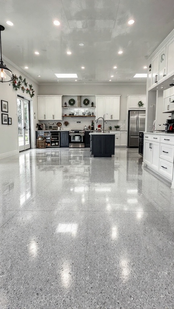 A modern kitchen with glossy epoxy flooring and seasonal decorations.