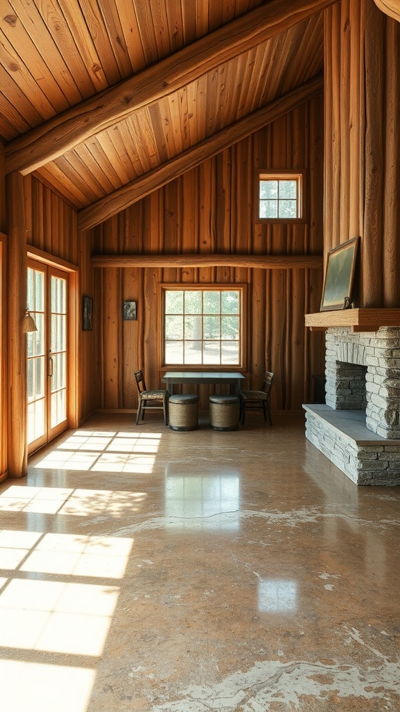 Vibrant epoxy concrete floor with autumn leaf designs in a spacious interior.