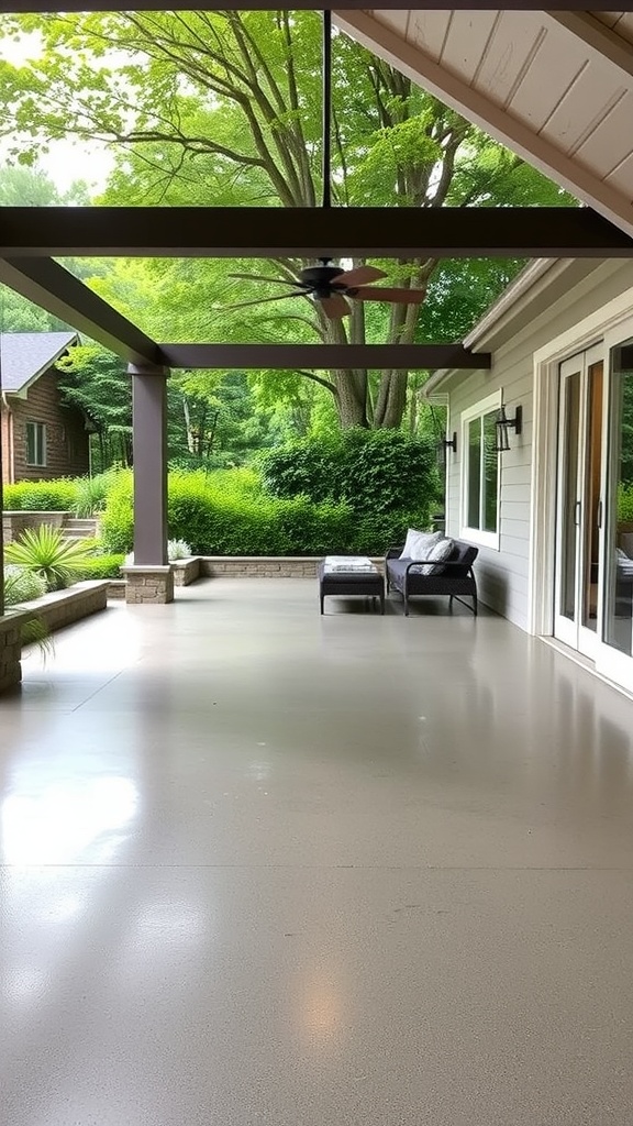 A beautifully designed epoxy floor with autumn leaves, showcasing seasonal themed epoxy flooring.