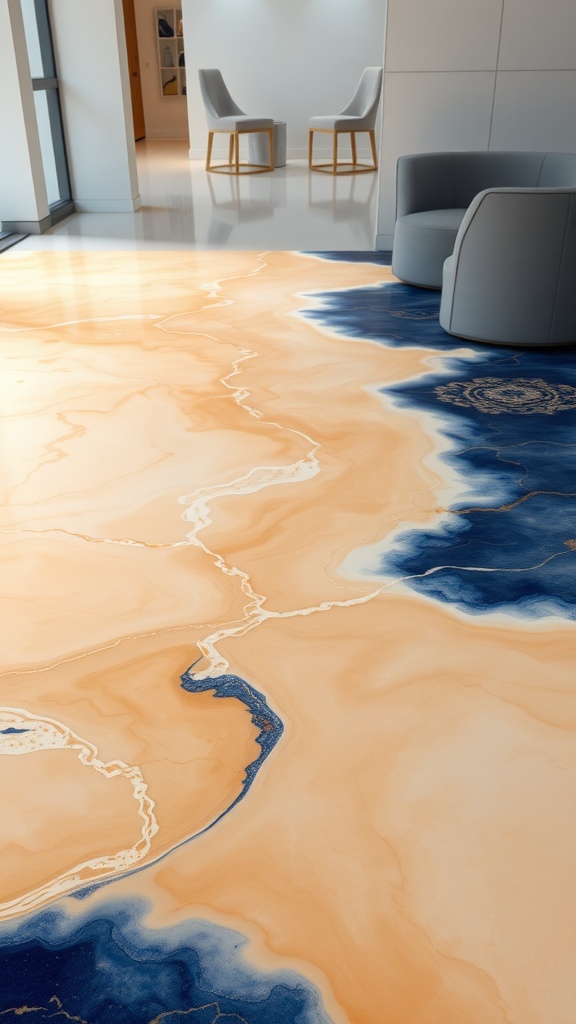 An epoxy floor design featuring golden koi fish and autumn leaves in a modern kitchen setting.