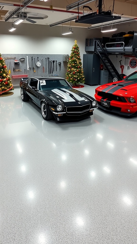 A festive garage with a winter-themed epoxy floor featuring red snowflakes and a Christmas tree.