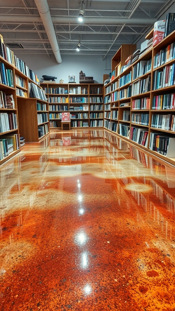 Sleek epoxy floor with autumn leaves in a modern kitchen