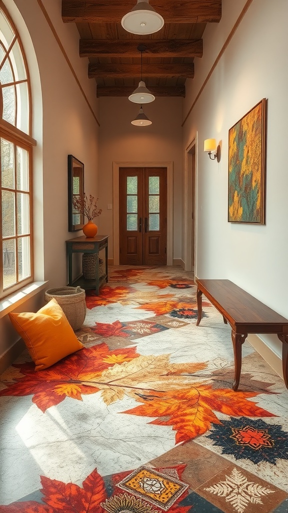 A hallway with an epoxy floor featuring colorful autumn leaves.