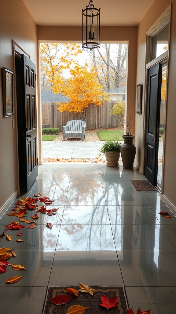 A cozy entryway with a glossy painted concrete floor, autumn leaves scattered across it, and a view of a golden-leaved tree outside.