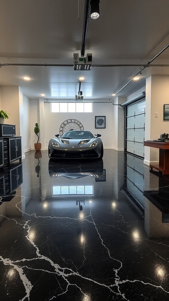 A sleek black marble epoxy floor in a modern garage setting, showcasing a luxury car and stylish decor.