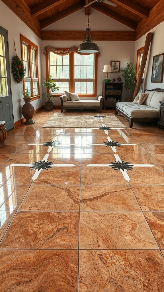A cozy living room featuring a rustic epoxy floor with warm copper tones and marble-like swirls, complemented by wood accents.
