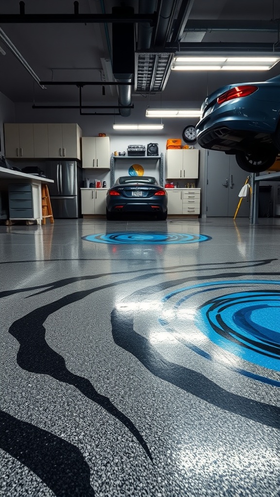 Stylish garage with black and blue epoxy floor design.