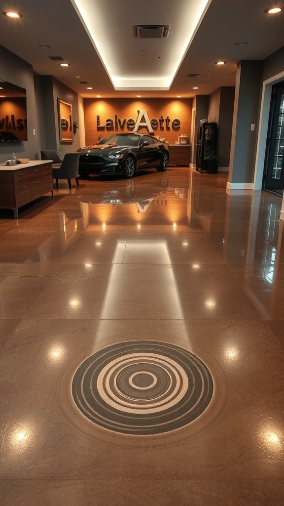 A modern living space featuring a shiny epoxy floor with a circular design, showcasing a blend of colors and reflections.