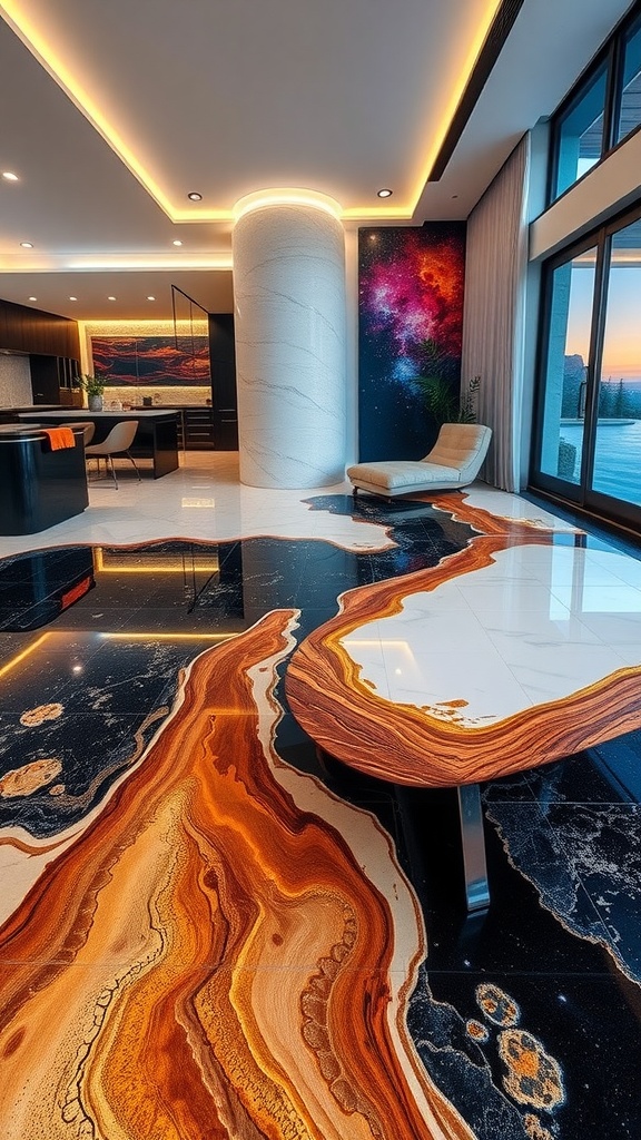 A luxurious interior featuring a beautiful epoxy floor design with earthy tones and a glossy black finish.