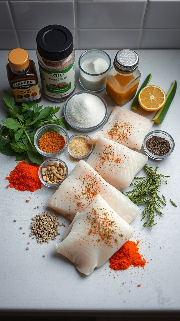 Ingredients and spices for seasoning cod fillets