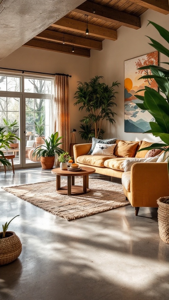 A bright and cozy living room featuring a yellow sofa, plants, and a round coffee table.