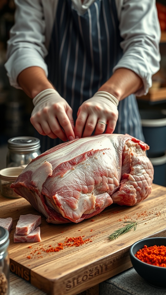Selection of pork shoulder on a wooden cutting board.