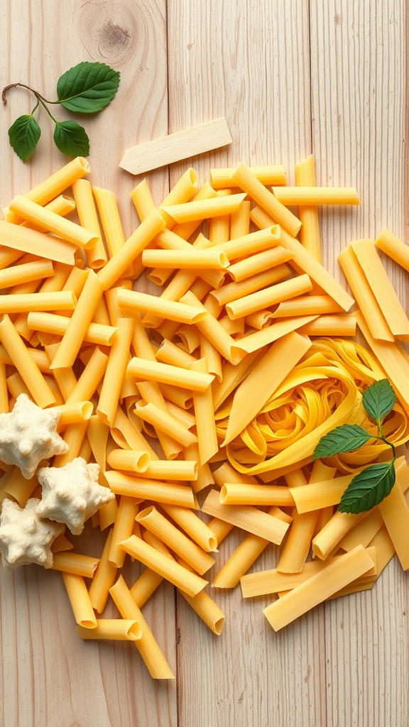 A variety of pasta shapes ready for cooking.