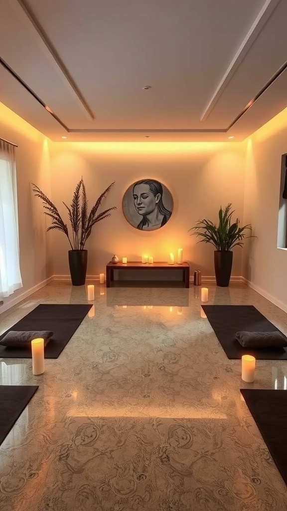 A serene meditation room featuring soft lighting, candles, and a smooth epoxy floor.
